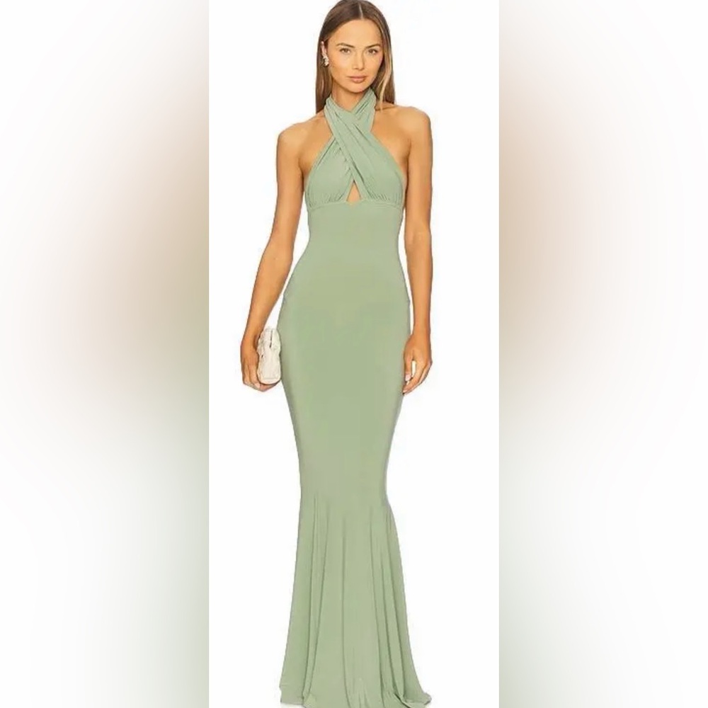 Norma Kamali Cross Halter Fishtail Gown in Vintage Green